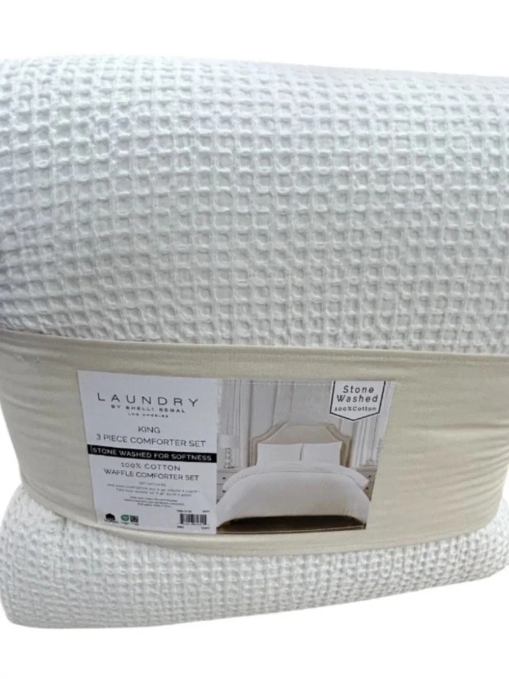 Laundry Shelli Segal King White Cotton Waffle Texture Comforter Set 104”x90”
